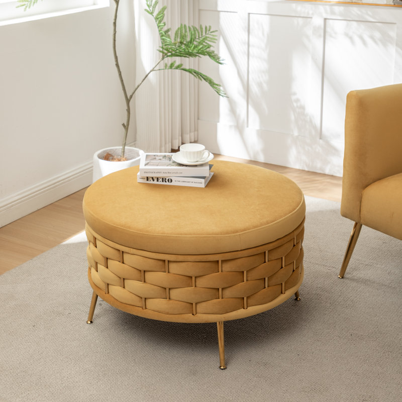 Cristen Upholstered Round Storage Ottoman, Yellow