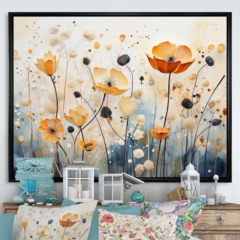 Décoration murale orange et bleu avec sourdine botanique I - Botanicals abstraits, H 16 po x l 32 po x P 1 po