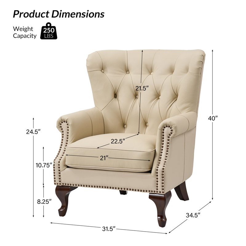 Fauteuil à oreilles en cuir véritable avec garniture cloutée 31,5 po Ansumana, Cuir véritable beige