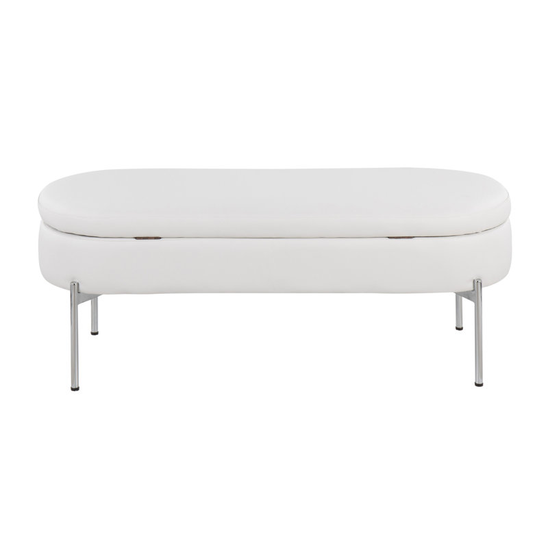 Faux Leather Upholstered Storage Bench, White/Chrome