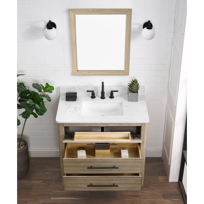Meuble-lavabo simple 36 po avec comptoir en quartz blanc, lavabo et dosseret Safford. Placage de chêne. Pré-assemblage