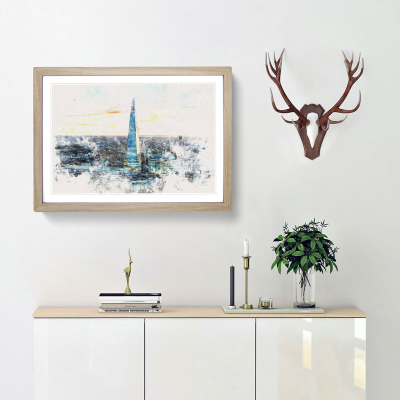 The Shard London England Skyline - Picture Frame Painting Print, 45cm H x 63cm W x 2cm D, Oak Framed