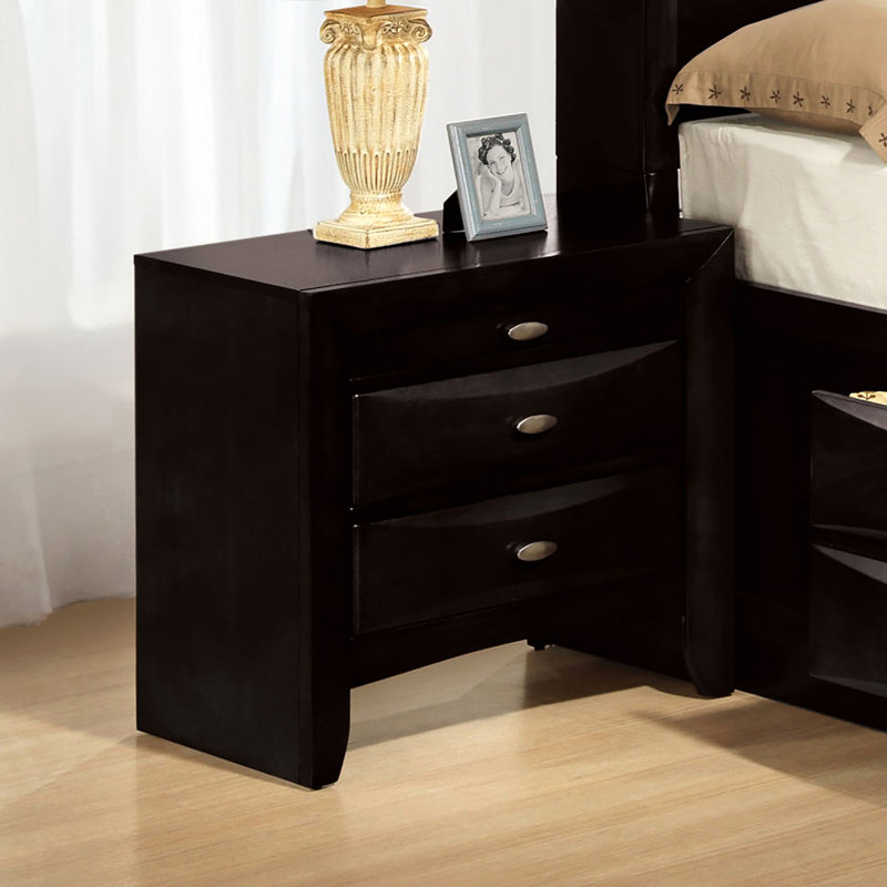 Classic Black Engineered Wood Nightstand, 2 Drawers, Felt - Lined Top Drawer, Pull Out Tray, 25.5 Inches Deep Contemporary Solid Bedside Cabinet, Knob Pulls, Easy Assembly, Ideal For Bedroom Use