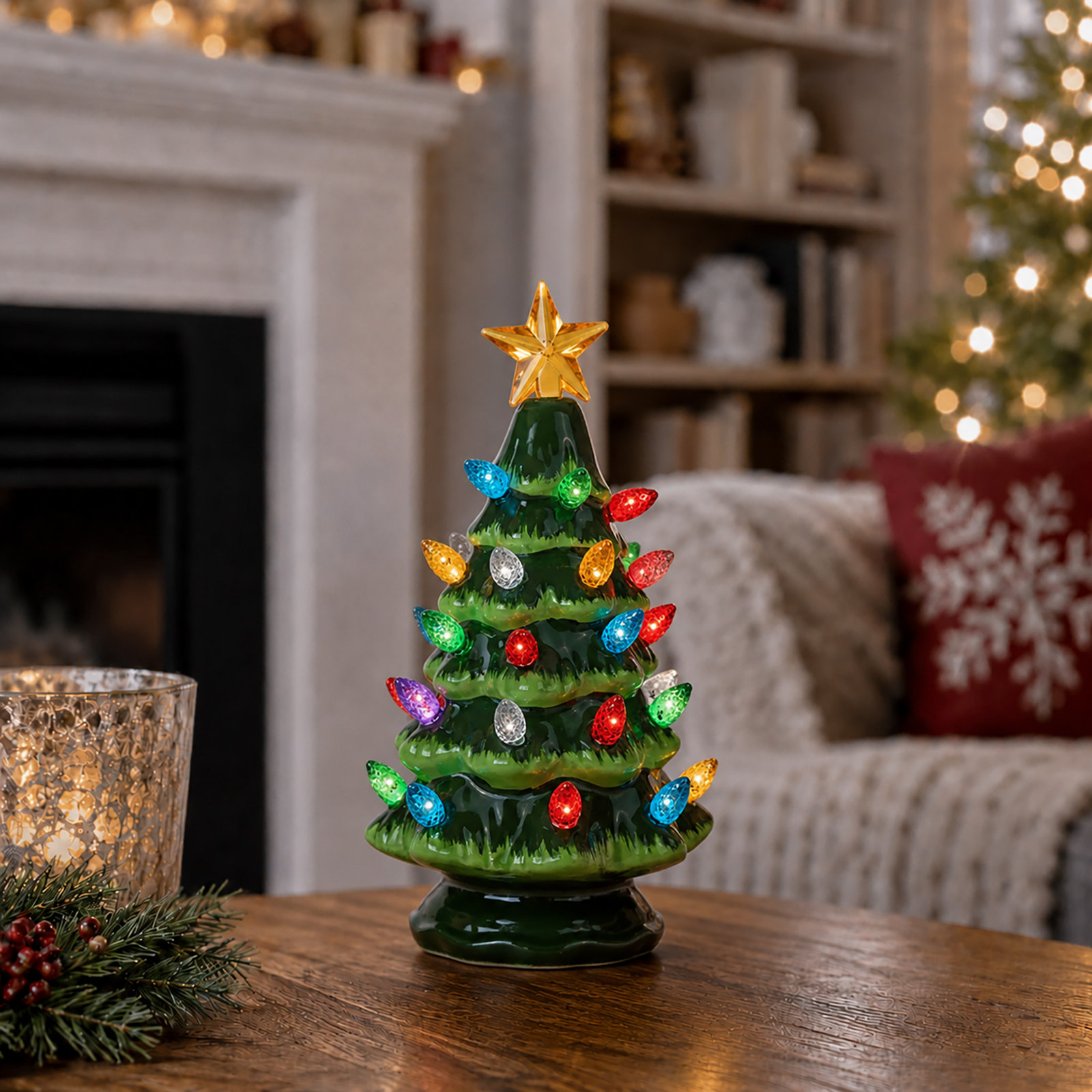 Lighted Ceramic Tabletop Christmas Tree, Green, 6.75" H x 3.5" W x 3.5" D