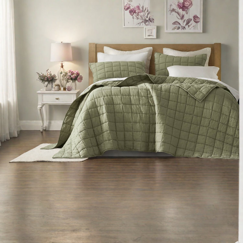 Breathable Linen Bedding Sets, Olive Green Quilt For Home Comfort