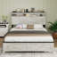 Cadre de lit double antique blanc et gris pour la chambre à coucher, avec éclairage à DEL et station de charge, conception classique, aucun sommier tapissier requis, rangement de la tête de lit inclus, bois massif en métal de haute qualité, facile à utiliser