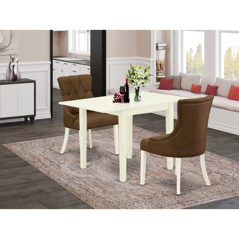 3 Piece Dining Set Contains a Rectangle Dining Room Table with Dropleaf and 2 Brown Linen Fabric Upholstered Parson Chairs, Linen White