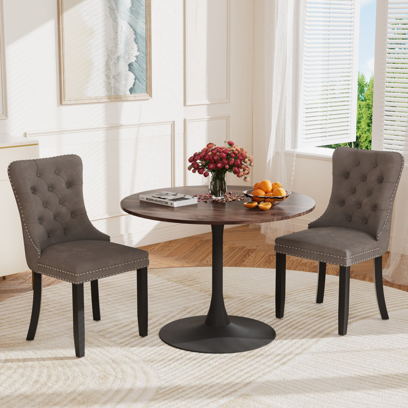 Round Pedestal Dining Set with 2 chairs, Brown/Black, Gray