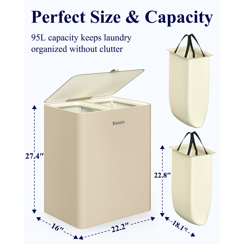 Laundry Basket 95L – Large Laundry Hamper with Lid, 2-Compartment Divided Clothes Sorter with Removable Hamper Bags, Beige Organizer for Laundry Room, Bathroom & Bedroom, 22.2" x 16" x 27.4"