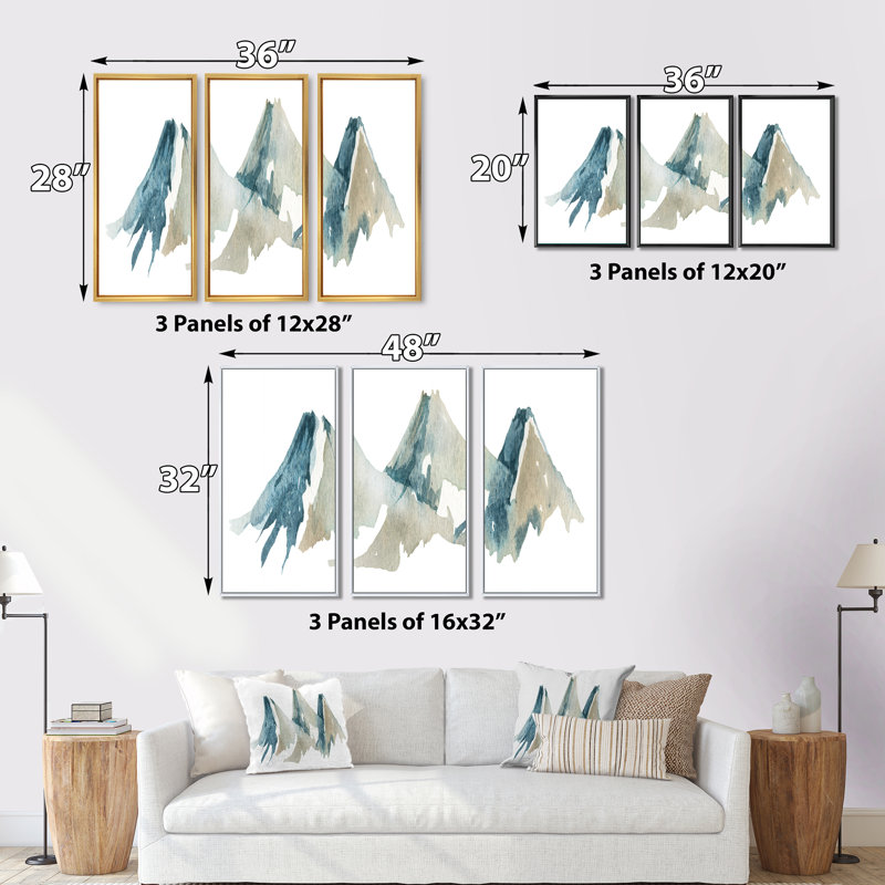 Blue High Mountain Range I - ensemble d'art mural sur toile encadré traditionnel de 3, H 28 po x l 36 po x P 1 po, Or