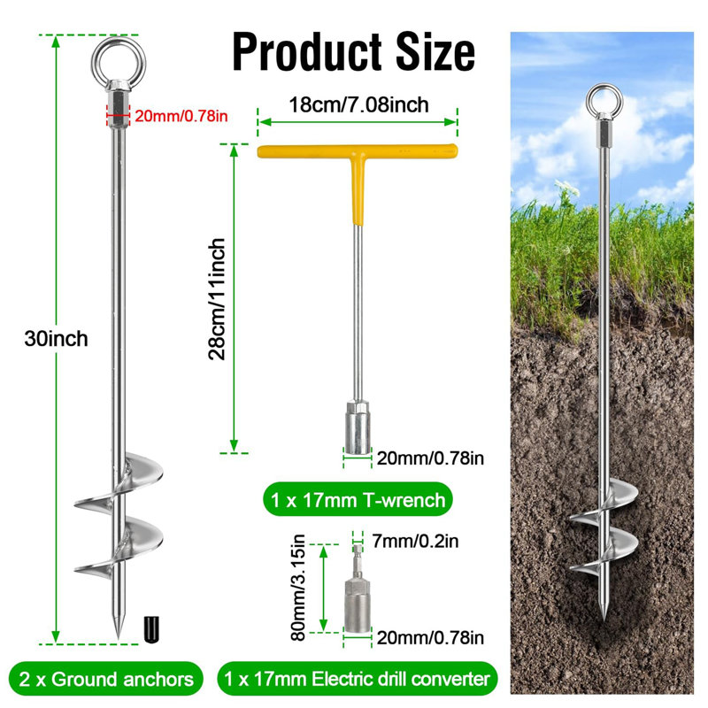 Ancres de sol robustes à visser de 30 po pour la protection contre le vent, trousse d'ancrage en spirale en acier massif avec adaptateur de perceuse pour les remises extérieures, les auvents, les tentes et les ensembles de balançoires
