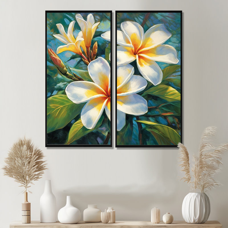 «White Plumeria Symphony Magic - Large Plumeria», art mural, H 40 po x l 40 po, Impression encadrée flottante, Noir