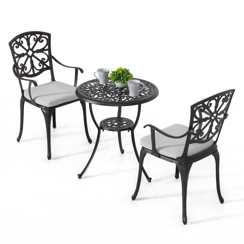 3-piece Outdoor Bistro Set With Cushions, Round 24 Inch Cast Aluminum Round Table With 1.77" Umbrella Hole And 2 Cast Aluminum Armchairs With Cushions, Black With Gold-painted Edge