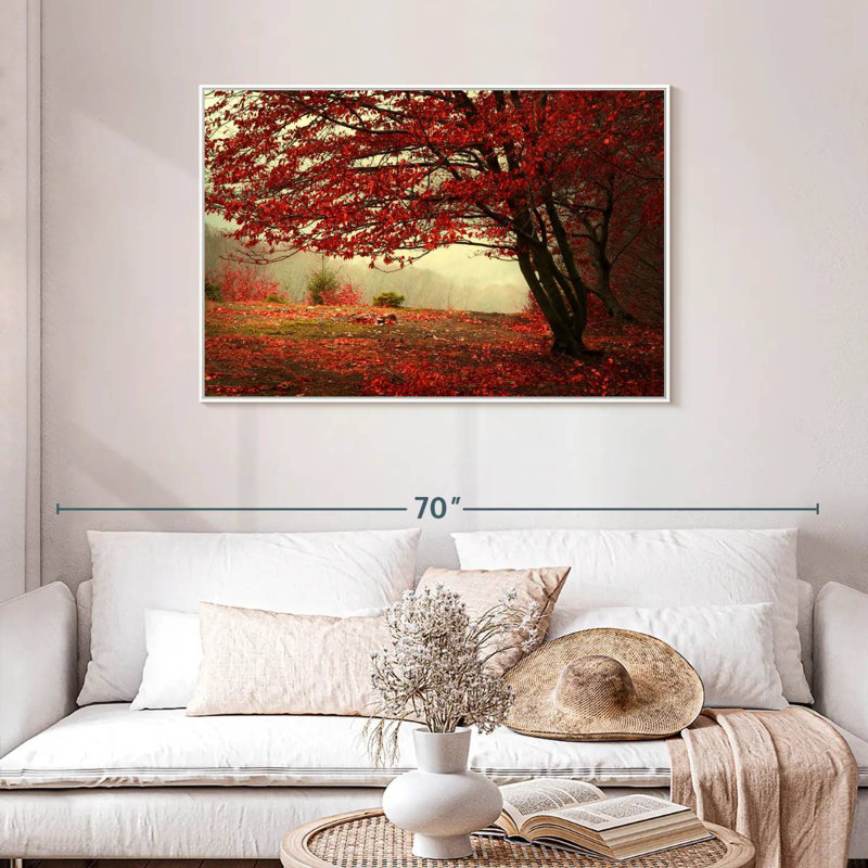 Arbre rouge en automne, 43 po x 29 po, Cadre flottant blanc