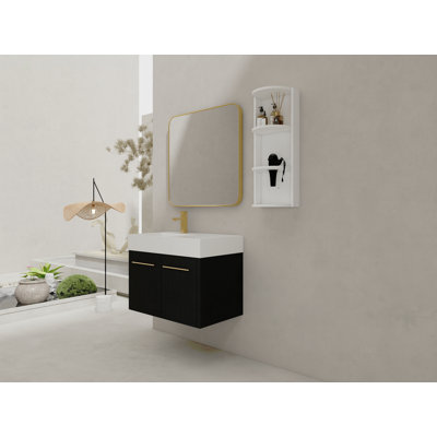 Meuble-lavabo mural 30 po avec lavabo et support de rangement, lavabo à rebord épais en résine gauche, ensemble KD