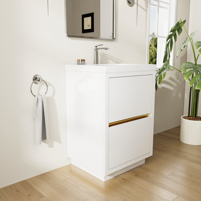 24" Glossy White Freestanding Bathroom Vanity with Stone Resin Countertop