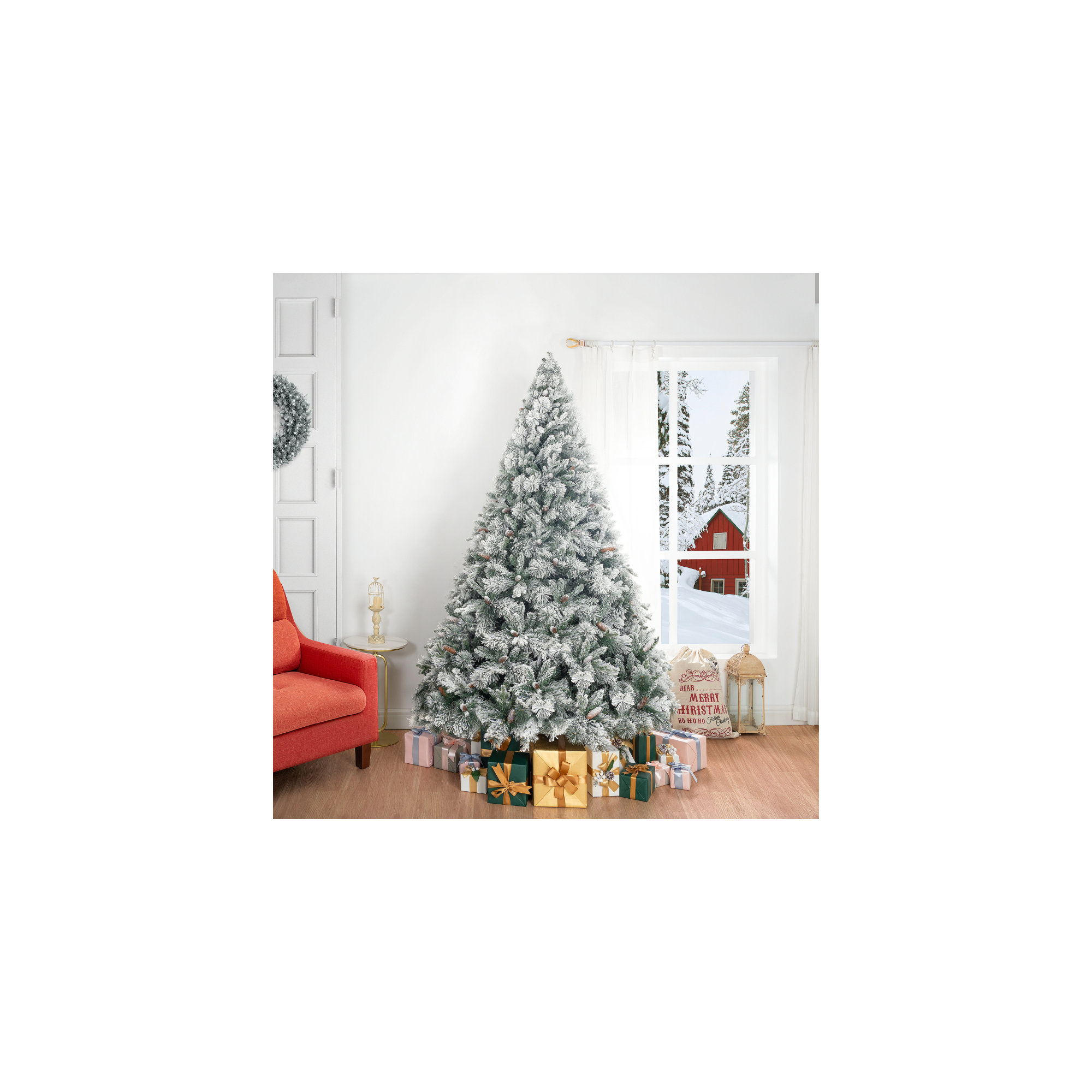 Frosted Prelit Artificial Christmas Tree with Pine Cones and Foot Pedal Realistic & Snow Flocked, 6.5'