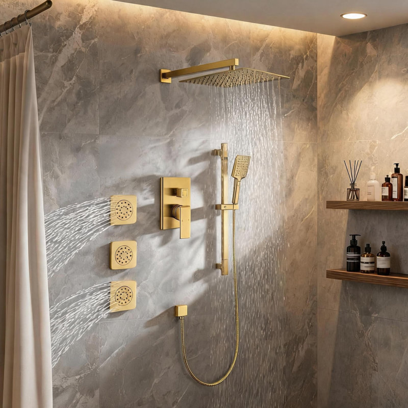 Système de douche mural complet en laiton brossé doré avec pomme de douche à main et barre coulissante