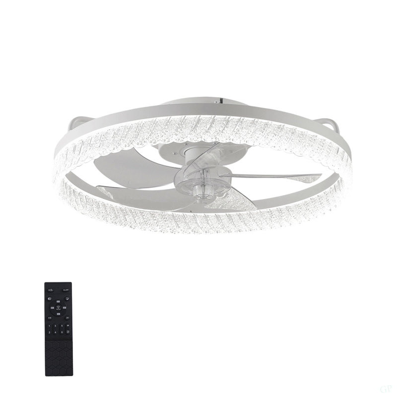 Ventilateur de chambre à coucher en plumes blanches 19 po avec télécommande, à intensité variable, 7 pales, moteur à courant continu réversible, avec lumière DEL