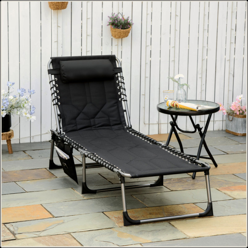 Padded Folding Chaise Lounge Chair, Outdoor 6-Level Reclining Camping Tanning Chair With Headrest For Beach, Yard, Patio, Pool