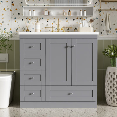 Meuble-lavabo autoportant de style shaker avec lavabo, 4 tiroirs à fermeture en douceur et 2 portes à fermeture en douceur