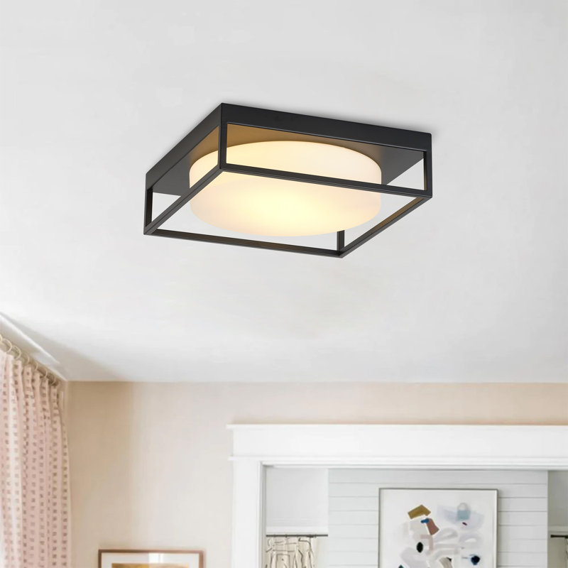 2-Lamp Square Milk Glass Adjustable Ceiling Light, Matte Black
