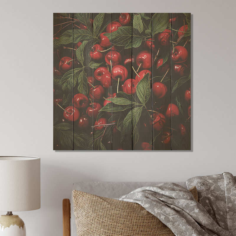 Red Cherry Tree Explosion 5 - Cerisier sur bois, H 15 po x l 15 po
