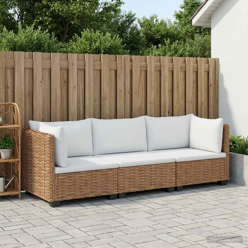 212cm Wide Patio Sectional Set, 3, White Cushion/Natural Frame