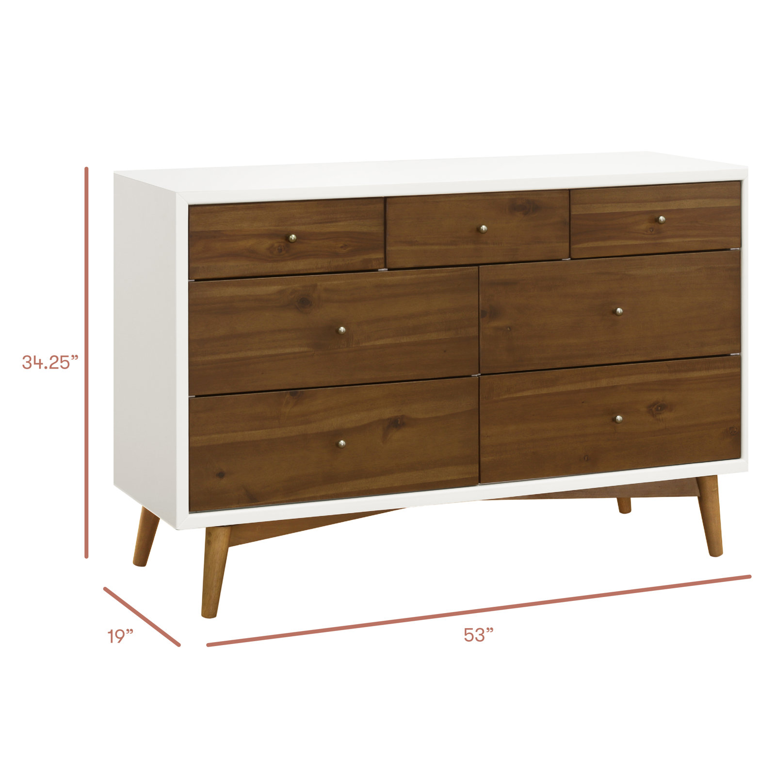Palma 7 Drawer 53" W Double Dresser, Warm White/Natural Walnut