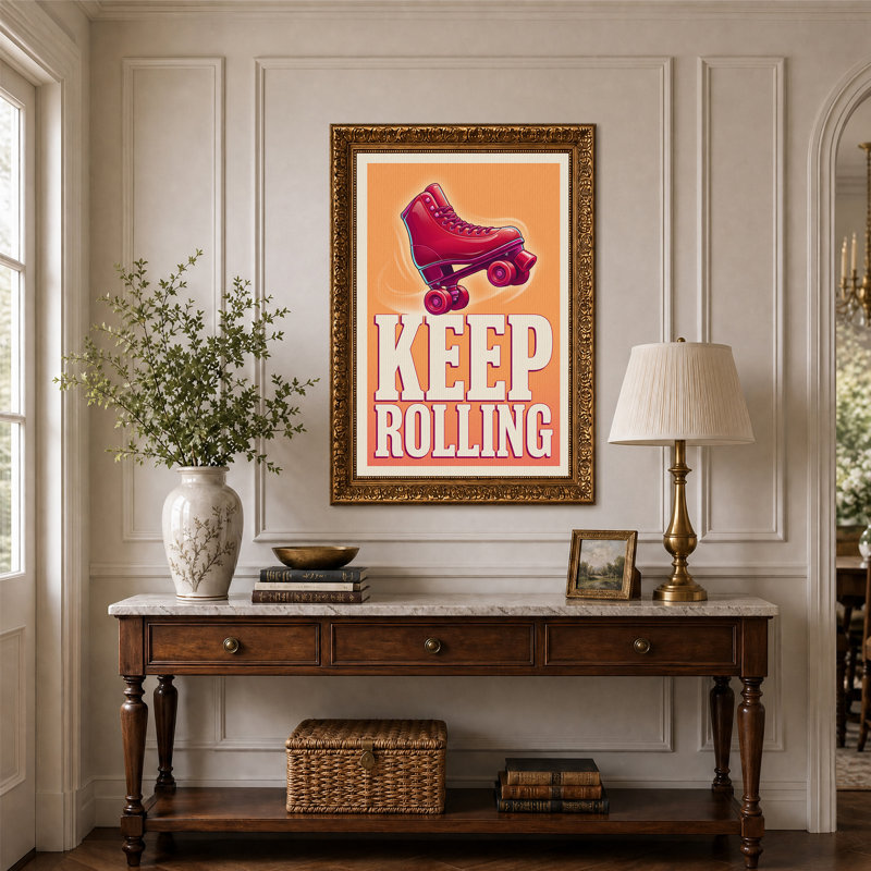 «Red Roller Skate», art textuel sur toile orange, H 24 po x l 16 po