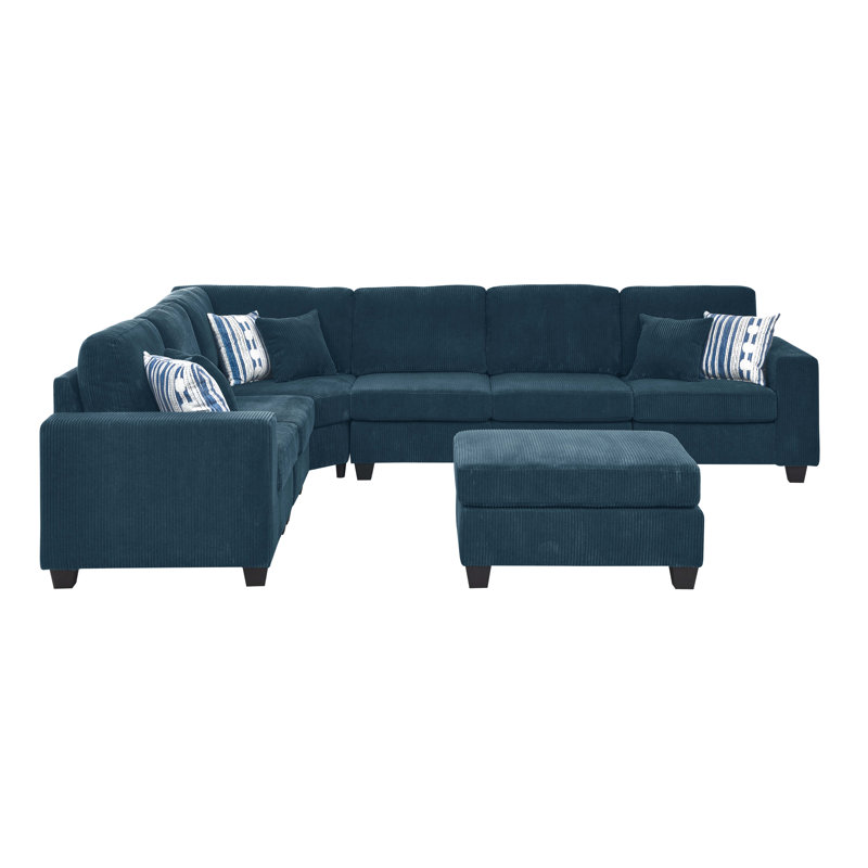 Erstonia Sectional With Ottoman, Dark Blue Corduroy