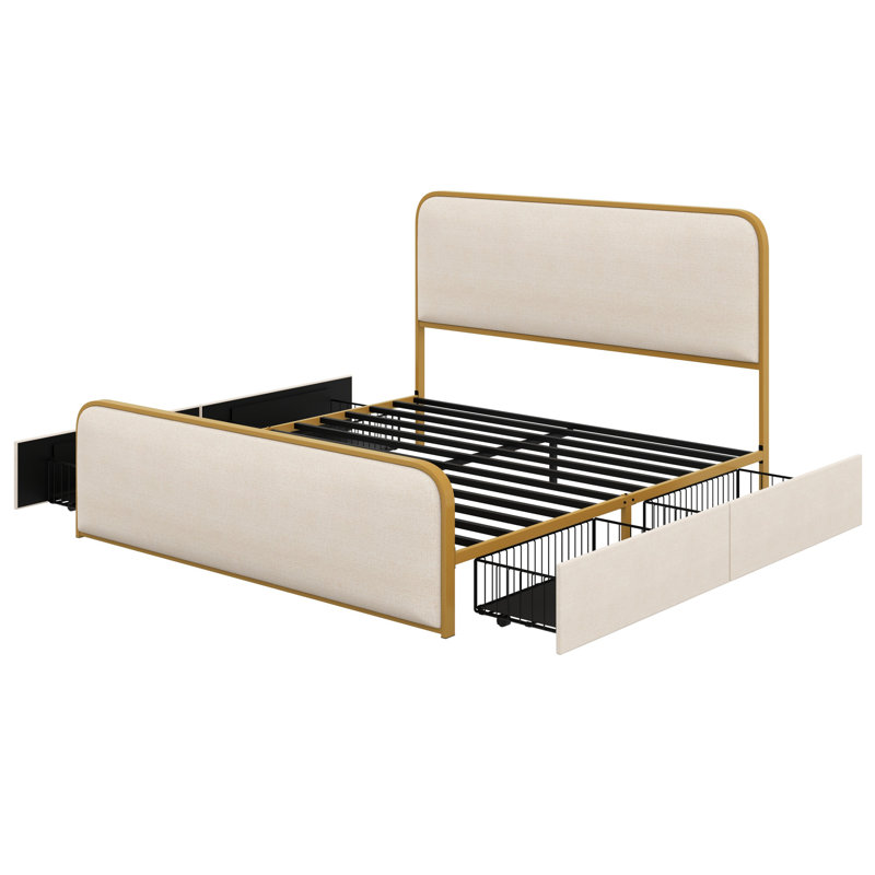 Structure de lit moderne en métal avec tête de lit et pied de lit rembourrés courbés avec 4 tiroirs de rangement, lattes en métal robustes