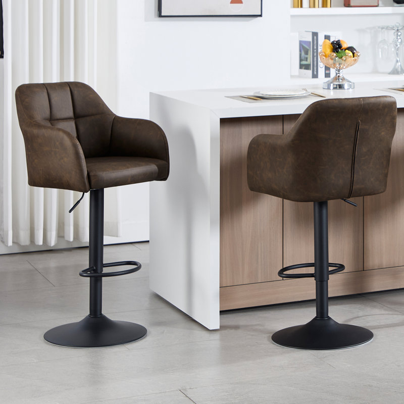 Adjustable Bar Stools with Armrests and Matte Base for Kitchen Island, Brown