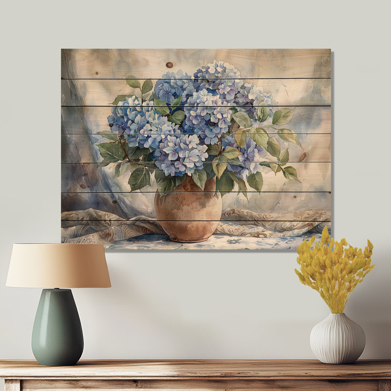 Hortensias dans un décor de rêve II - impression d'hortensias sur bois de pin naturel, H 10 po x l 20 po