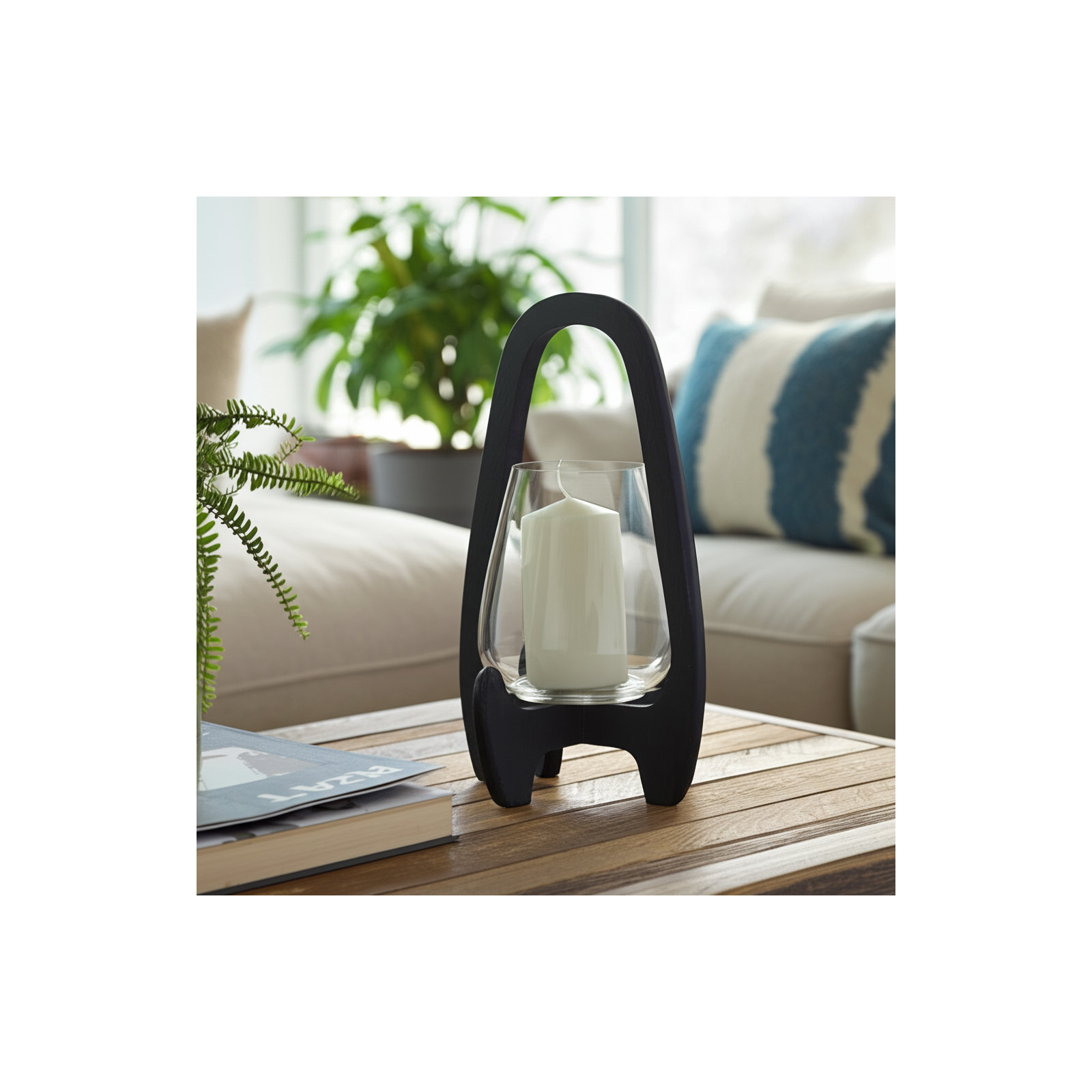 Sculpted Wood Glass Hurricane Lantern, For Decorative Use, Mango Wood and Glass, 15" H x 8" W x 8" D, Black