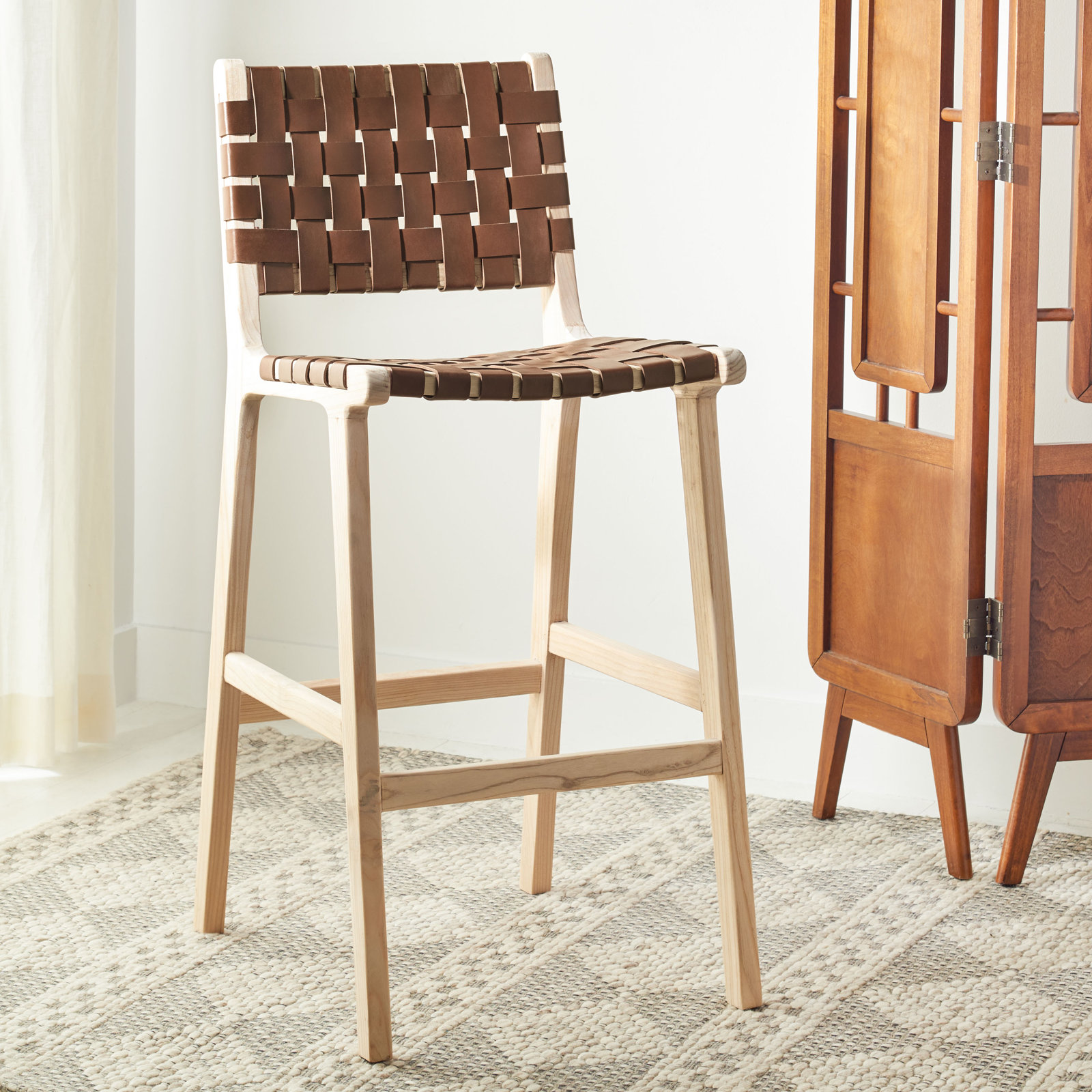 Alston Leather Stool, Cognac Leather/Natural Unfinished Frame, Bar Stool (29.70" Seat Height)