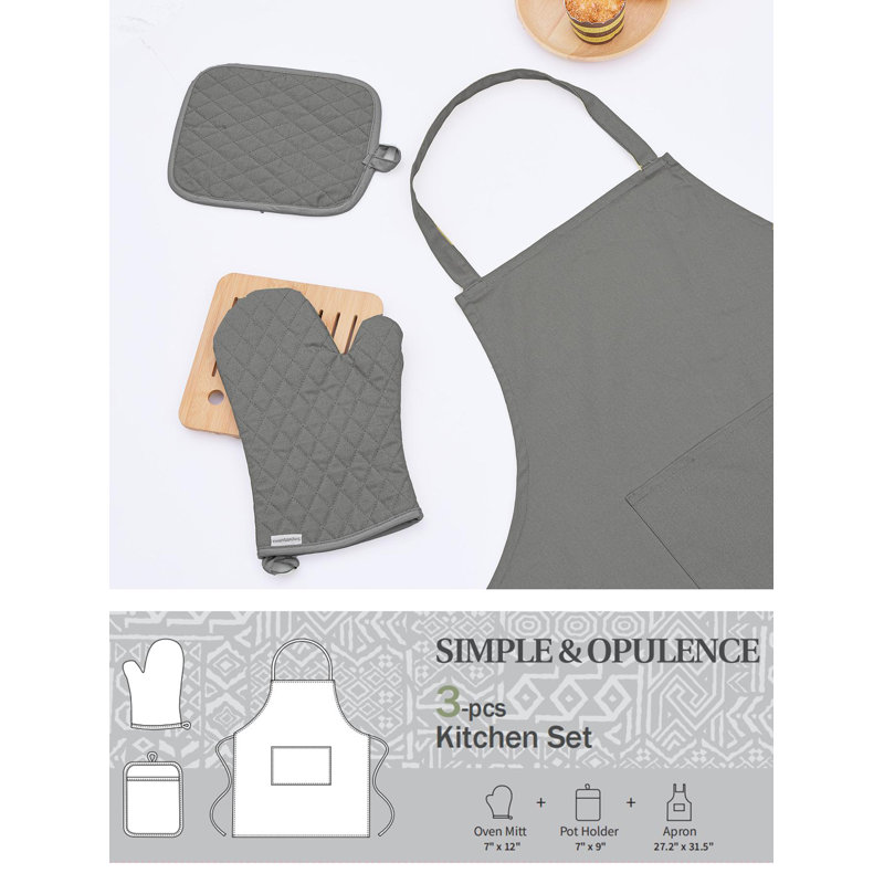 Waterproof Linen Cotton Apron Set With Heat-Resistant Hot Pads And Oven Mitt, Light Gray
