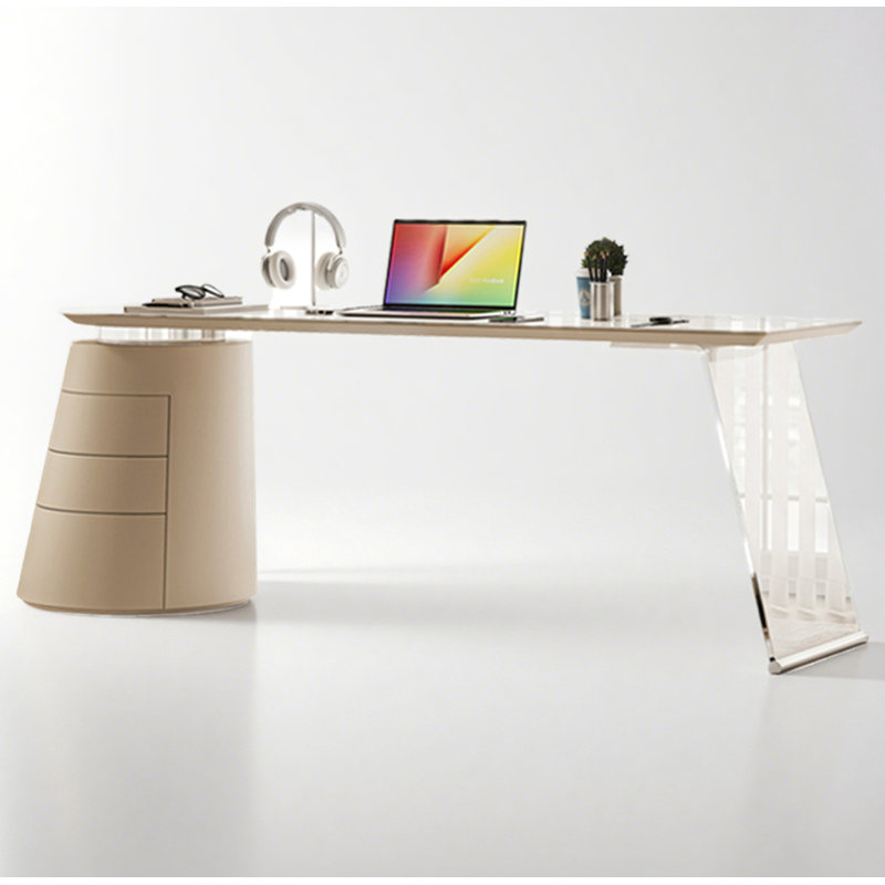 Bureau en pierre frittée crème et acrylique, 30" H x 72.8" W x 19.7" D