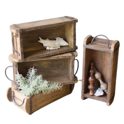  Wooden Brick Mold with Iron Handles – 12"L Distressed Vintage Storage Box for Shelves and Displays