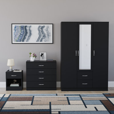 Maybery 3 Piece Bedroom Set (1 Drawer Bedside Chest, 4 Drawer Chest, 3 Door 2 Drawer Mirrored Wardrobe), (5)