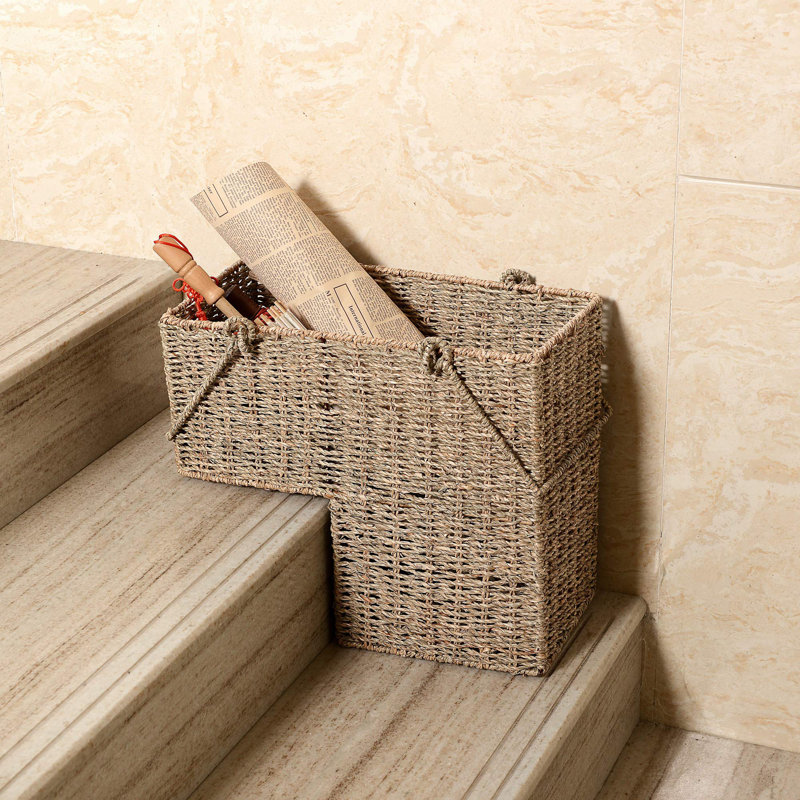 DTX Intl 14-Inch Wicker Staircase Basket with Handles - Handmade L-Shaped Woven Seagrass Stair-Style Storage Organizer - Durable Container