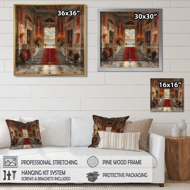 «Red Gold Elegant Entrance», reproduction d'art mural, Toile encadrée noire simple, H 36 po x l 36 po x P 1,5 po