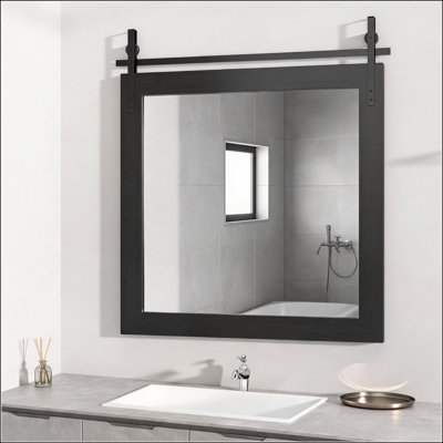 Miroir de salle de bain Farmhouse avec cadre en bois rustique, 31 po x 31 po, noir