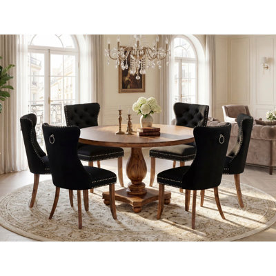 7-Piece Kitchen Table Set with Polyester Fabric 6 Black Dining chairs, Button-Tufted Backs, and a 54"Round Kitchen Table in Antique Walnut Finish.