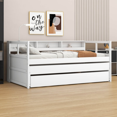 Multiple Twin XL Daybed With 2 Trundles And 3 Storage Cubbies, Solid Wood Daybed Frame With A Light For Free And USB Charging Design, Space Saving De