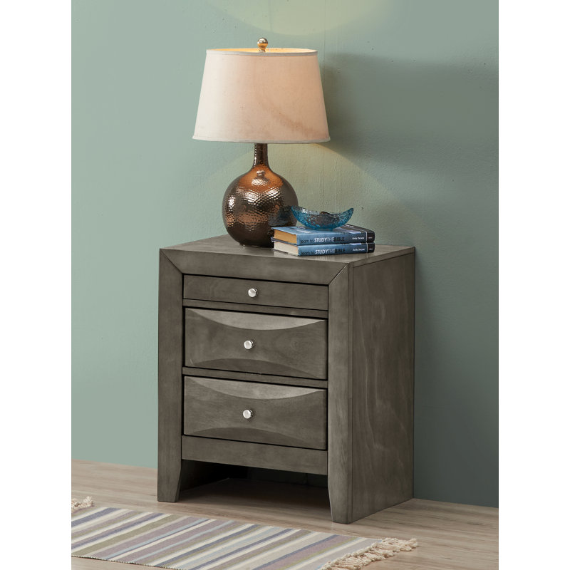 Marilla 3 Drawer Wood Nightstand, Gray