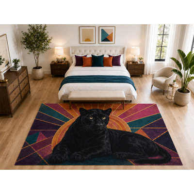Tapis très grand Panther Sunburst noir de 6 pi 7 po x 9 pi 10 po, tapis moelleux à poils courts et envers en silicone antidérapant pour chambre à coucher «Ultra Thin»