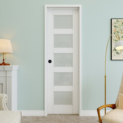 Porte pré-suspendue en verre givré 24 po x 80 po à 5 lumières avec bouton rond et charnières noires, dalle de porte d'intimité en verre, à peindre et imperméable, combinaison pour la lessive, portes de placard, portes de pièce, droite