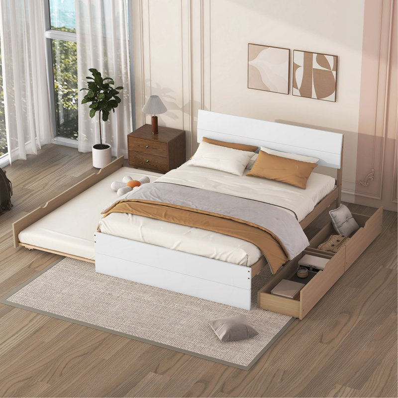 Modern Full Bed Frame With Twin Trundle And Drawers, Offering Style And Functionality, Oak