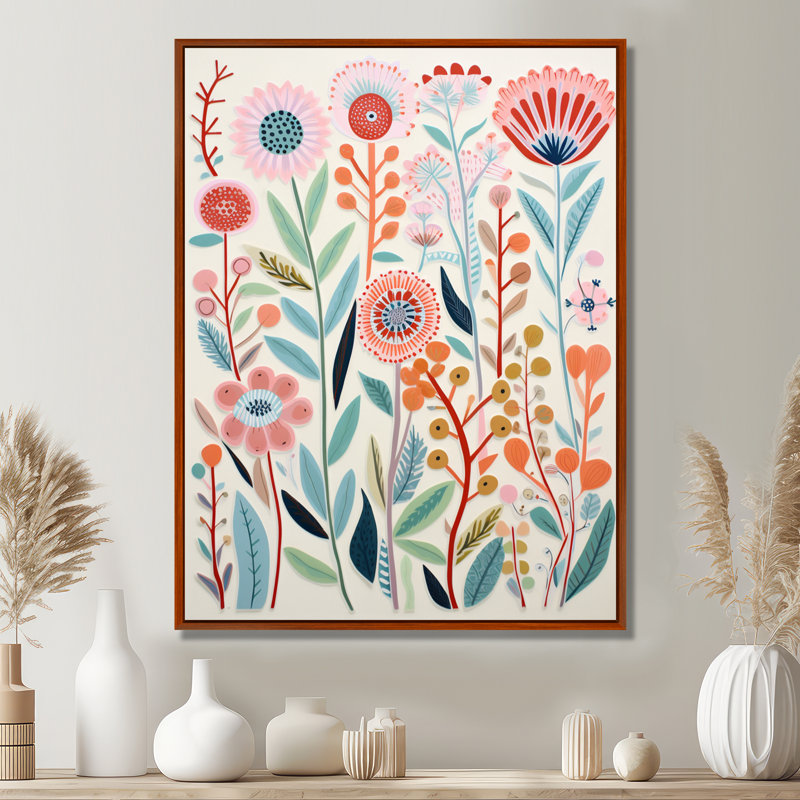 Blooming Wildflowers Retro Illustration - Botanicals Wall Art Living Room, Toile avec cadre flottant brun